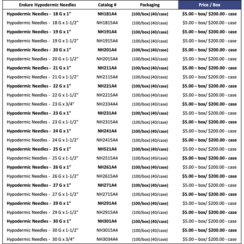 Endure Hypodermic Needle, (100 per Box)